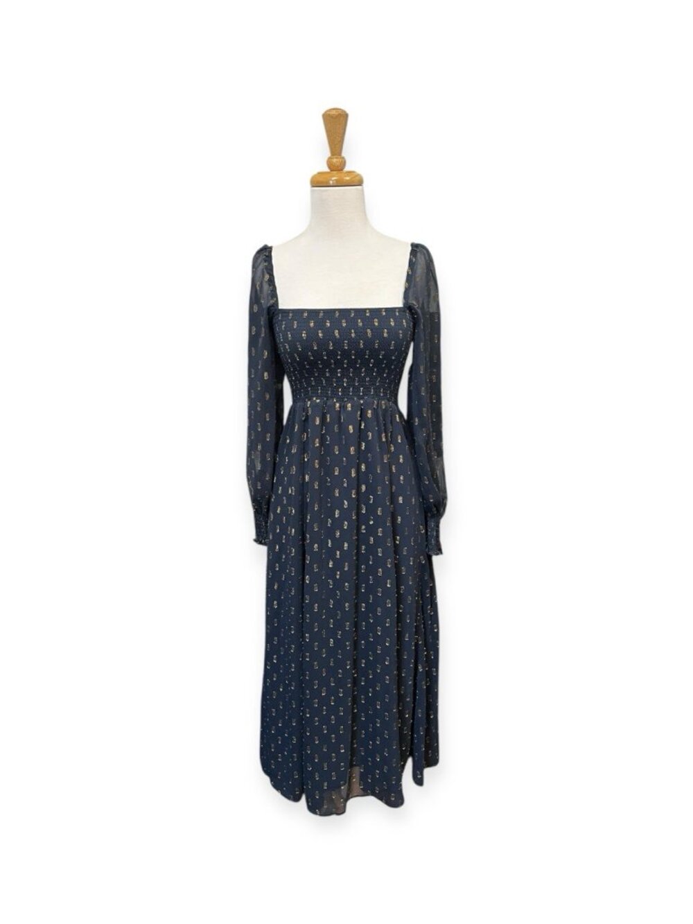 OPT Sofija Midi Dress Size Xs Blue and Gold Metallic Smocked
